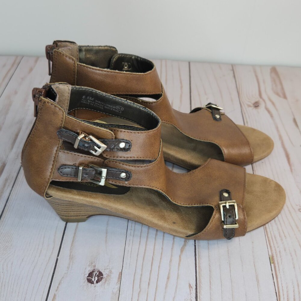 A2 Aerosoles Mayflower T Strap Wedge Sandals Brown Black 6.5